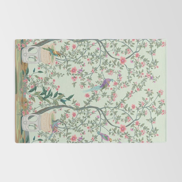 Chinoiserie Mint Green Pastel Fresco Floral Garden Birds Oriental Botanical Rug Gallery Image 2