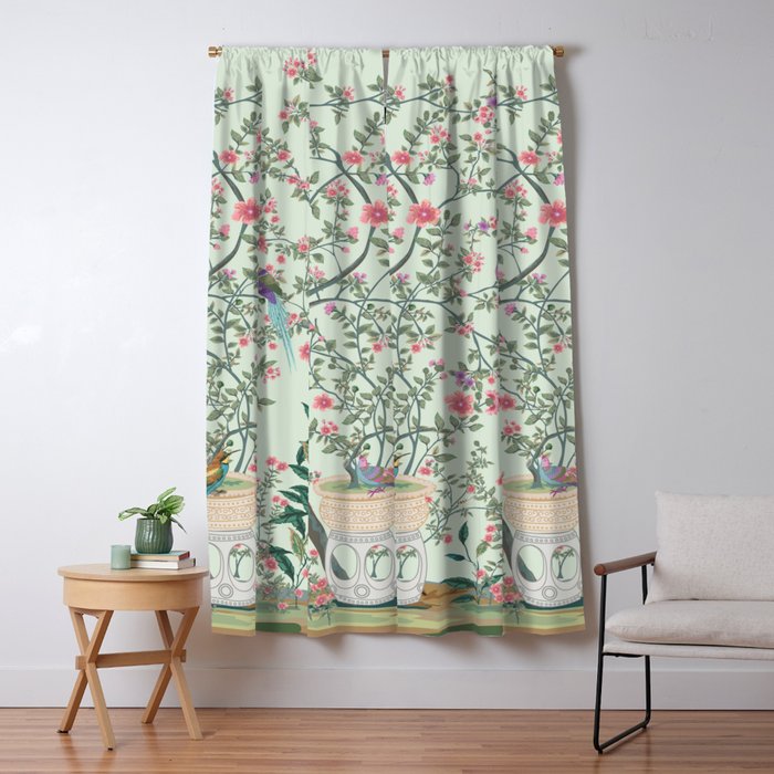 Chinoiserie Mint Green Pastel Fresco Floral Garden Birds Oriental Botanical Window Curtain Gallery Image 5