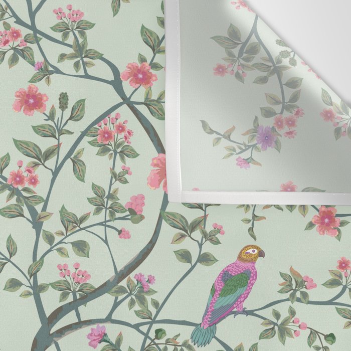 Chinoiserie Mint Green Pastel Fresco Floral Garden Birds Oriental Botanical Wall Tapestry Gallery Image 3