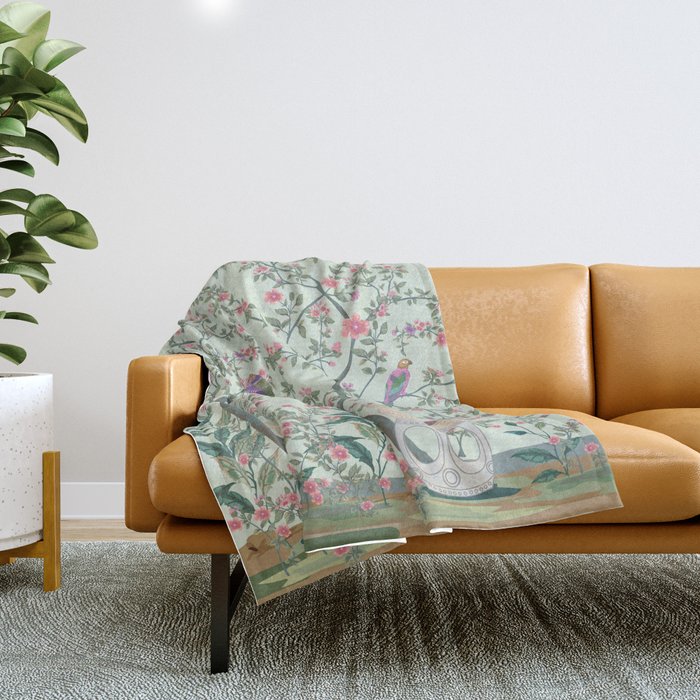 Chinoiserie Mint Green Pastel Fresco Floral Garden Birds Oriental Botanical Throw Blanket Gallery Image 1