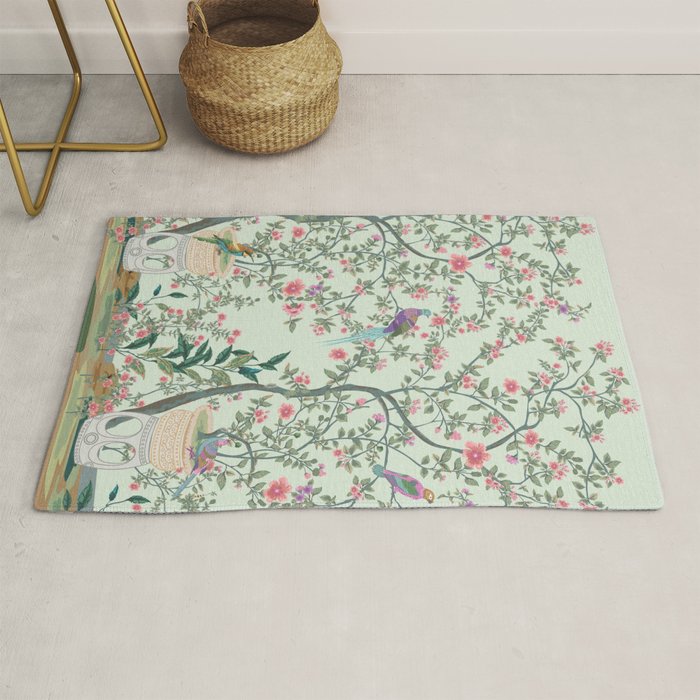 Chinoiserie Mint Green Pastel Fresco Floral Garden Birds Oriental Botanical Rug Gallery Image 1