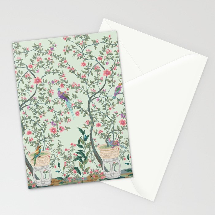 Chinoiserie Mint Green Pastel Fresco Floral Garden Birds Oriental Botanical Stationery Card Gallery Image 2