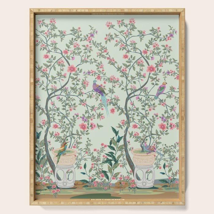 Chinoiserie Mint Green Pastel Fresco Floral Garden Birds Oriental Botanical Serving Tray Gallery Image 1