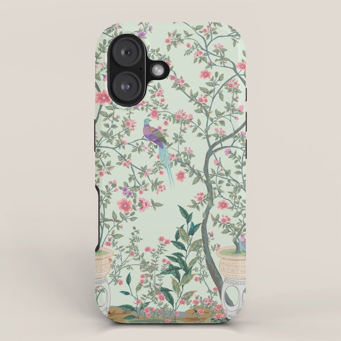 Chinoiserie Mint Green Pastel Fresco Floral Garden Birds Oriental Botanical iPhone Case Gallery Image 1