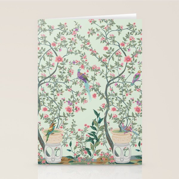 Chinoiserie Mint Green Pastel Fresco Floral Garden Birds Oriental Botanical Stationery Card Gallery Image 1