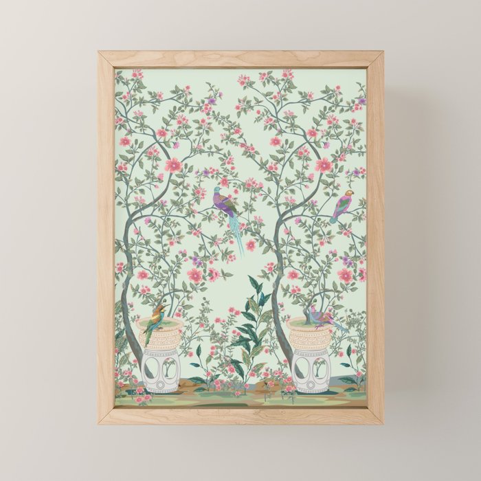 Chinoiserie Mint Green Pastel Fresco Floral Garden Birds Oriental Botanical Mini Art Print Gallery Image 1