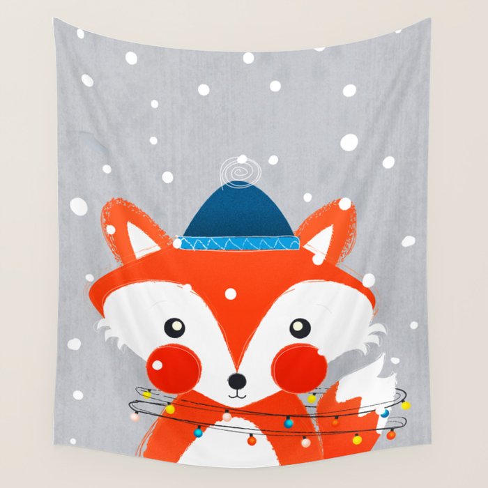 Christmas Fox with fairy lights Wall Tapestry Gallery Image 1