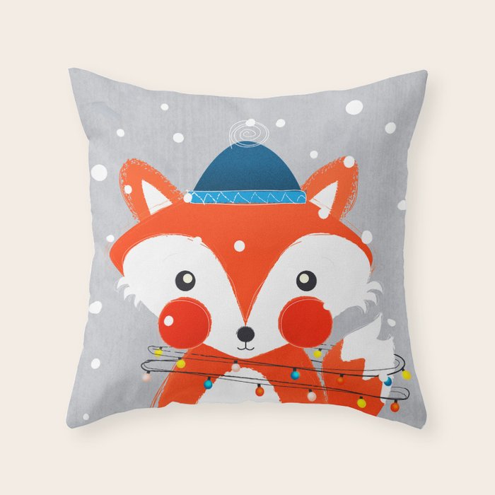 Christmas Fox with fairy lights Throw Pillow Gallery Image 1