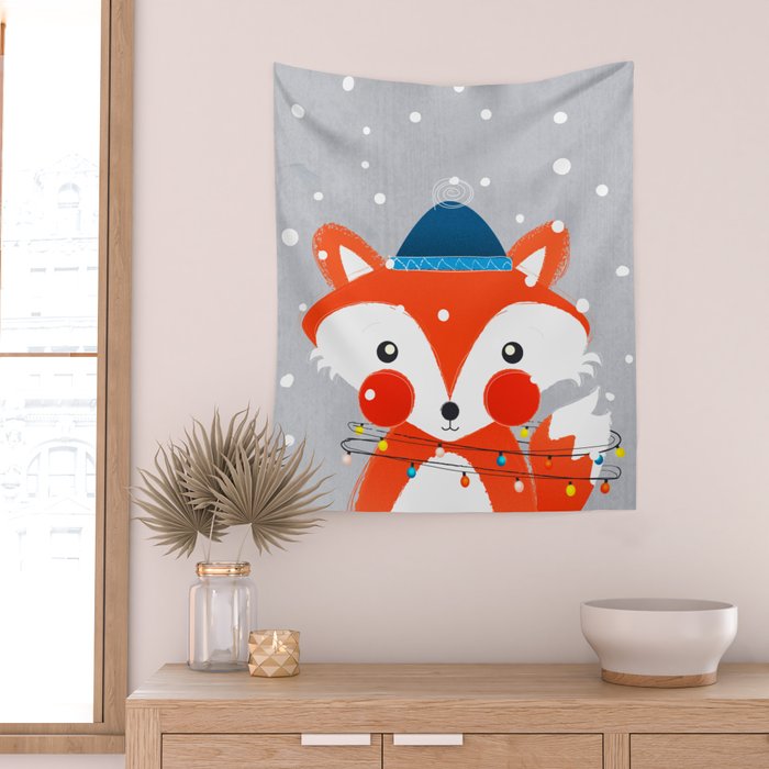Christmas Fox with fairy lights Wall Tapestry Gallery Image 2