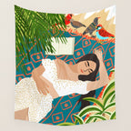Beach. Read. Sleep. | Boho Woman Sea Beachy Travel | Summer Birds Sand Picnic Ocean Vacation Wall Tapestry Gallery Image 4