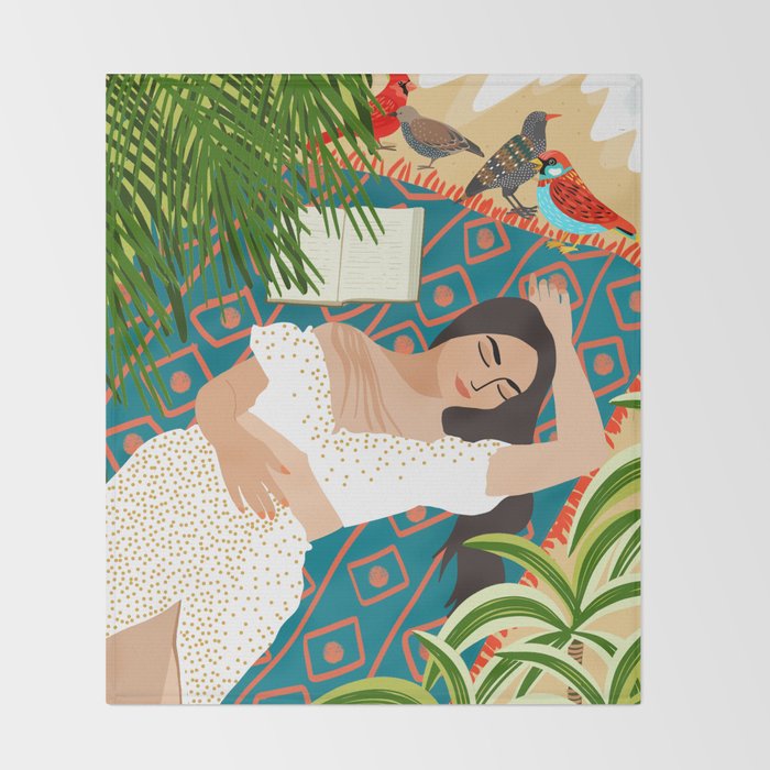 Beach. Read. Sleep. | Boho Woman Sea Beachy Travel | Summer Birds Sand Picnic Ocean Vacation Throw Blanket Gallery Image 2