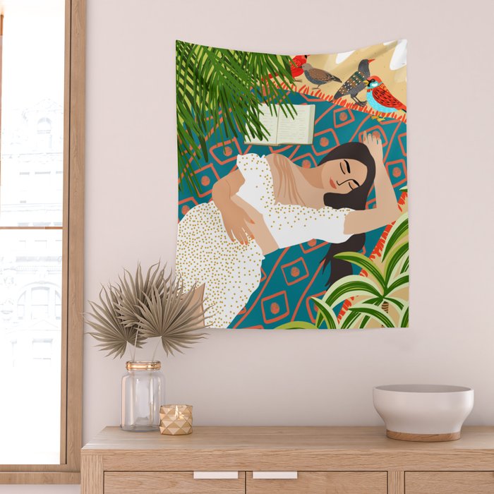Beach. Read. Sleep. | Boho Woman Sea Beachy Travel | Summer Birds Sand Picnic Ocean Vacation Wall Tapestry Gallery Image 2