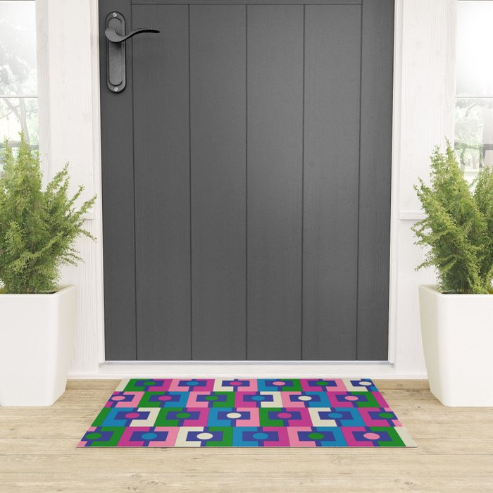Colorful Retro Pop Modern Geometric Rektangel Pattern Blue Green Pink Welcome Mat Gallery Image 3