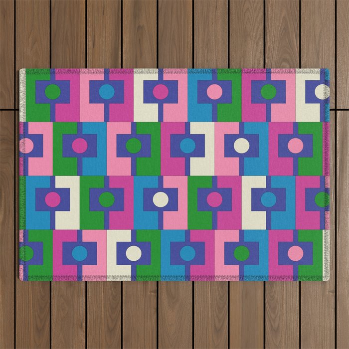 Colorful Retro Pop Modern Geometric Rektangel Pattern Blue Green Pink Outdoor Rug Gallery Image 1