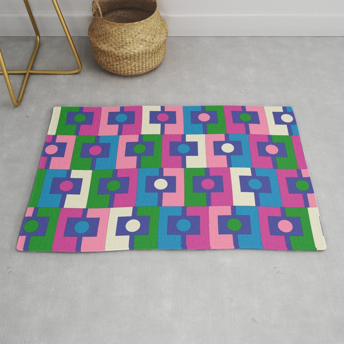 Colorful Retro Pop Modern Geometric Rektangel Pattern Blue Green Pink Rug Gallery Image 1