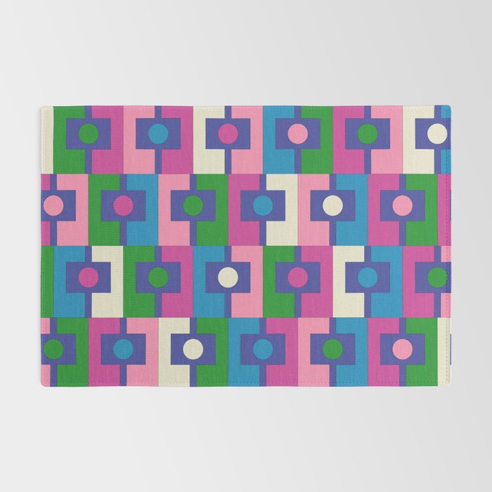 Colorful Retro Pop Modern Geometric Rektangel Pattern Blue Green Pink Rug Gallery Image 2