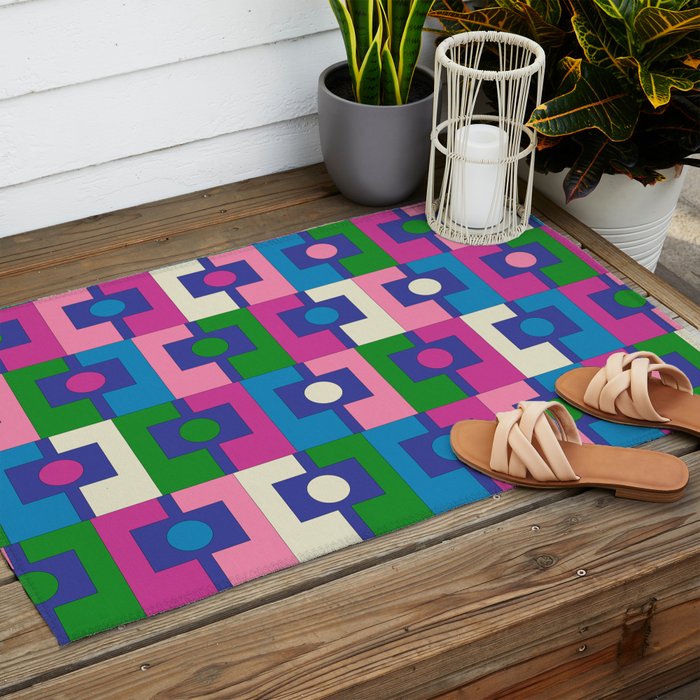 Colorful Retro Pop Modern Geometric Rektangel Pattern Blue Green Pink Outdoor Rug Gallery Image 2