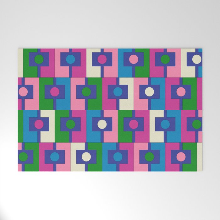 Colorful Retro Pop Modern Geometric Rektangel Pattern Blue Green Pink Welcome Mat Gallery Image 1