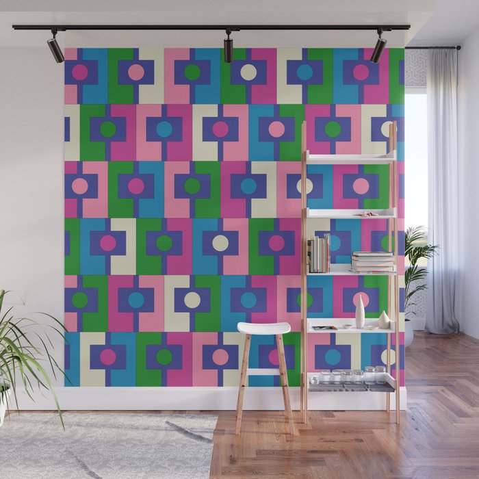 Colorful Retro Pop Modern Geometric Rektangel Pattern Blue Green Pink Wall Mural Gallery Image 1