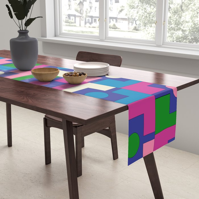Colorful Retro Pop Modern Geometric Rektangel Pattern Blue Green Pink Table Runner Gallery Image 2