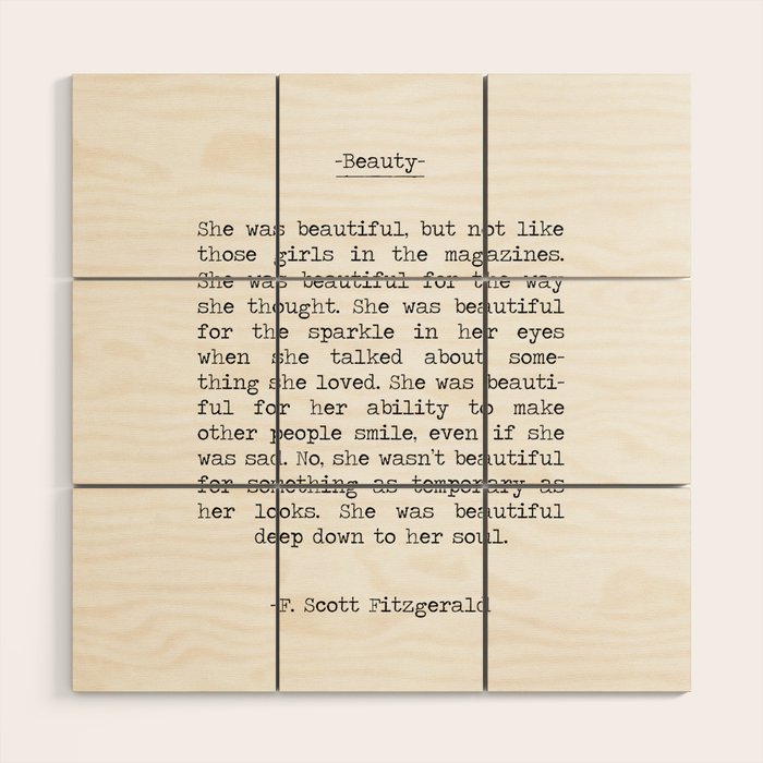 She was beautiful F. Scott Fizgerald typographical quote art print Wood Wall Art Gallery Image 1