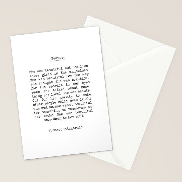 She was beautiful F. Scott Fizgerald typographical quote art print Stationery Card Gallery Image 2