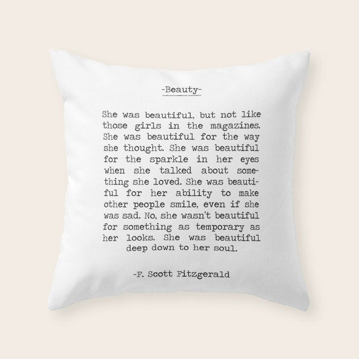 She was beautiful F. Scott Fizgerald typographical quote art print Throw Pillow Gallery Image 6