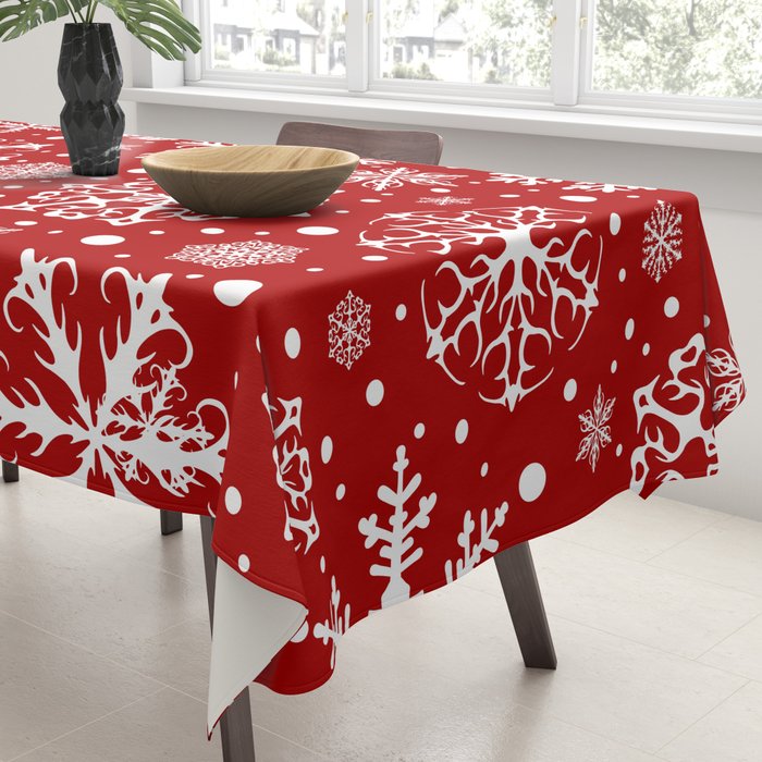 Christmas Snowflakes Pattern, Festive Red and White Tablecloth Gallery Image 3