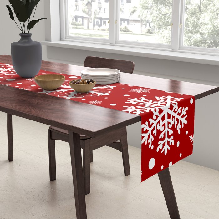 Christmas Snowflakes Pattern, Festive Red and White Table Runner Gallery Image 2