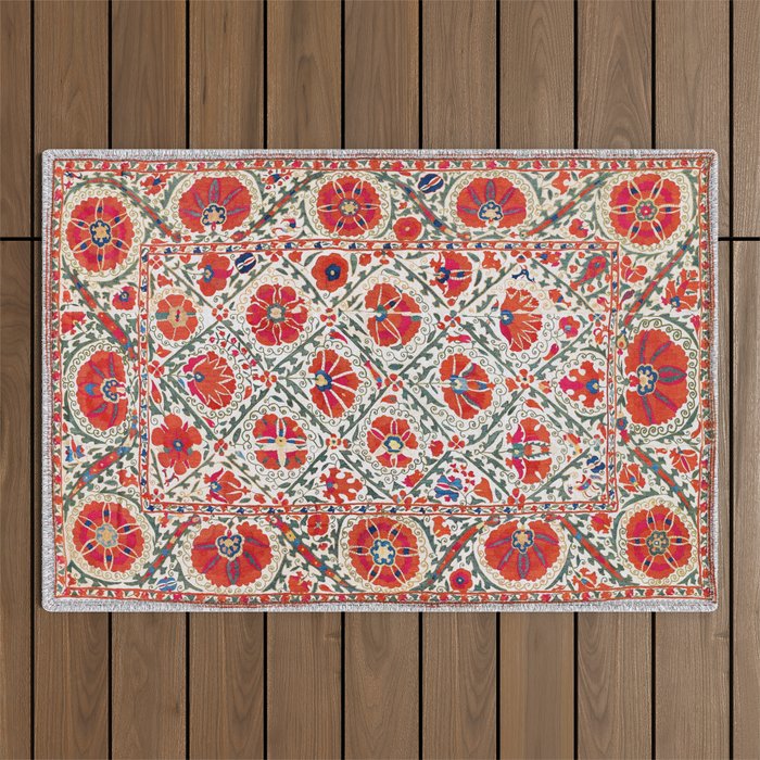 Large Medallion Suzani Bokhara Uzbekistan Floral Embroidery Print Outdoor Rug Gallery Image 1