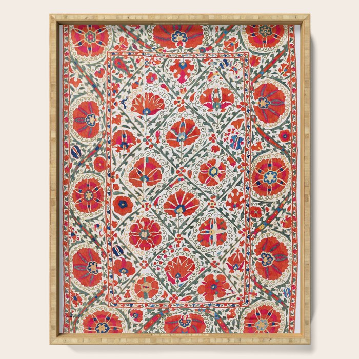 Large Medallion Suzani Bokhara Uzbekistan Floral Embroidery Print Serving Tray Gallery Image 1