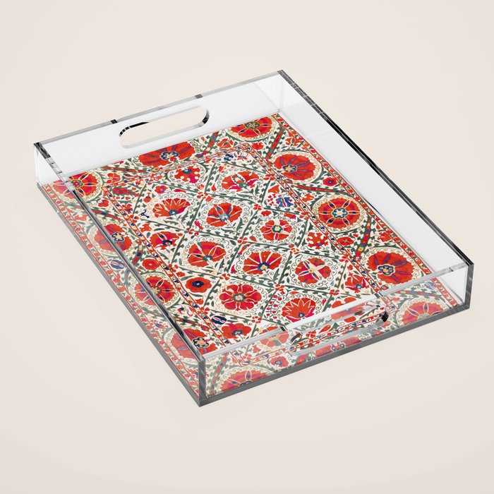 Large Medallion Suzani Bokhara Uzbekistan Floral Embroidery Print Acrylic Tray Gallery Image 1