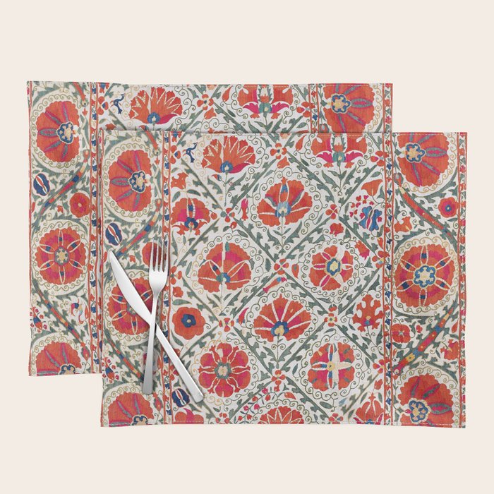 Large Medallion Suzani Bokhara Uzbekistan Floral Embroidery Print Placemat Gallery Image 1