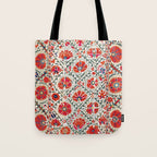 Large Medallion Suzani Bokhara Uzbekistan Floral Embroidery Print Tote Bag Gallery Image 1