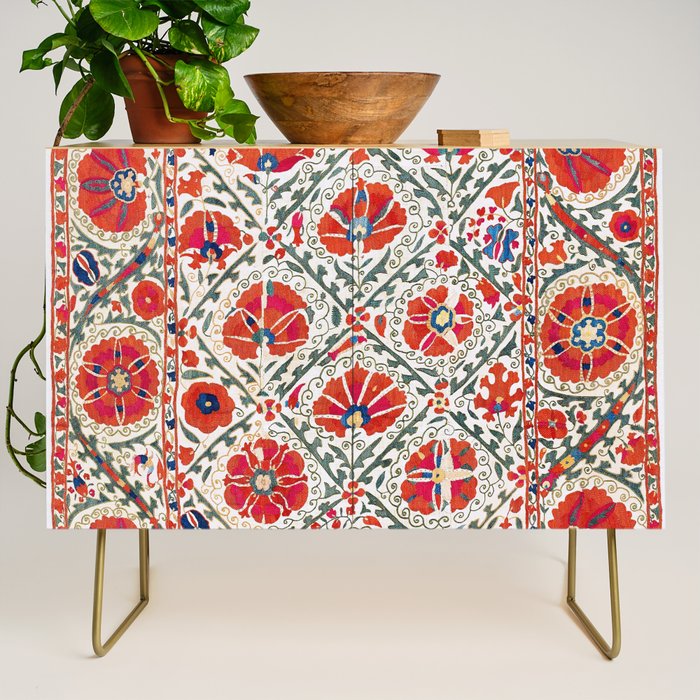 Large Medallion Suzani Bokhara Uzbekistan Floral Embroidery Print Credenza Gallery Image 1