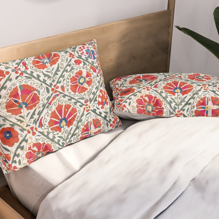 Large Medallion Suzani Bokhara Uzbekistan Floral Embroidery Print Pillow Sham Gallery Image 2