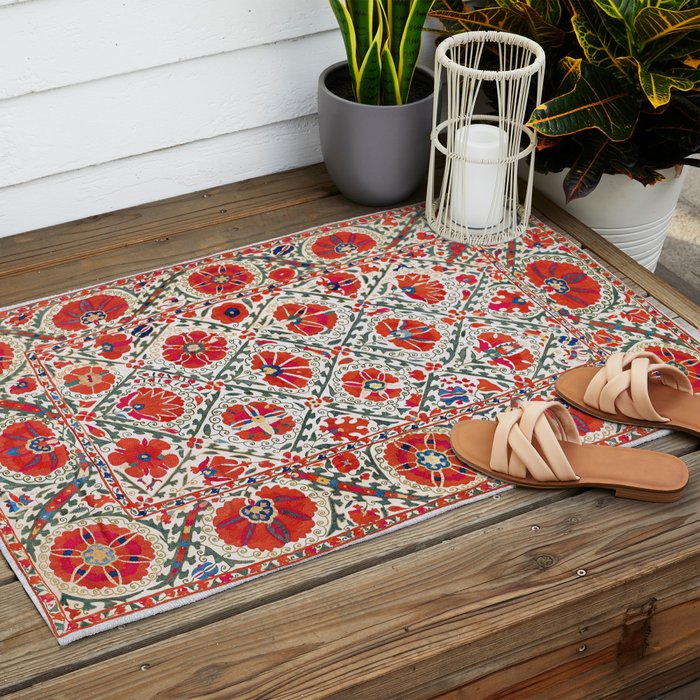 Large Medallion Suzani Bokhara Uzbekistan Floral Embroidery Print Outdoor Rug Gallery Image 2