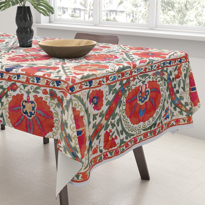 Large Medallion Suzani Bokhara Uzbekistan Floral Embroidery Print Tablecloth Gallery Image 3