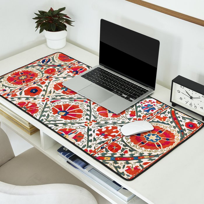 Large Medallion Suzani Bokhara Uzbekistan Floral Embroidery Print Desk Mat Gallery Image 2