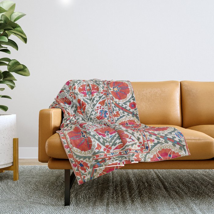 Large Medallion Suzani Bokhara Uzbekistan Floral Embroidery Print Throw Blanket Gallery Image 1