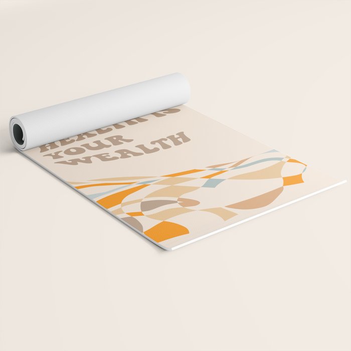 YOUR HEALTH IS YOUR WEALTH with Liquid retro abstract pattern in orange and blue Yoga Mat Gallery Image 2