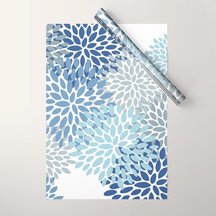 Festive, Floral Pattern, Blue and Gray, Floral Prints Wrapping Paper Gallery Image 1
