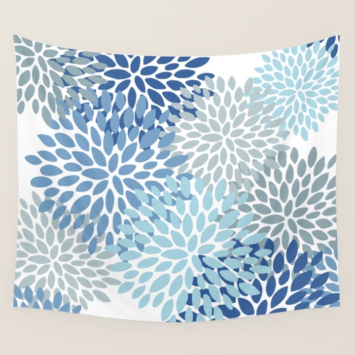 Festive, Floral Pattern, Blue and Gray, Floral Prints Wall Tapestry Gallery Image 4