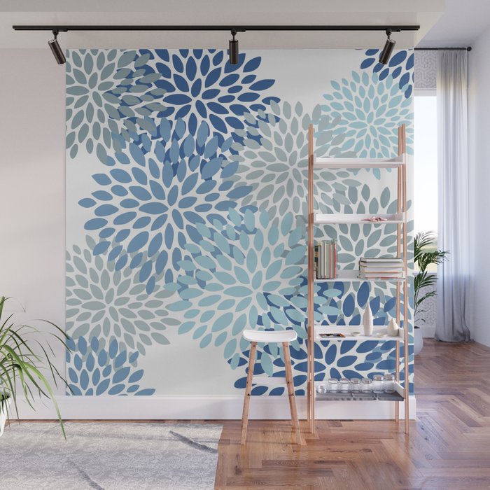Festive, Floral Pattern, Blue and Gray, Floral Prints Wall Mural Gallery Image 1