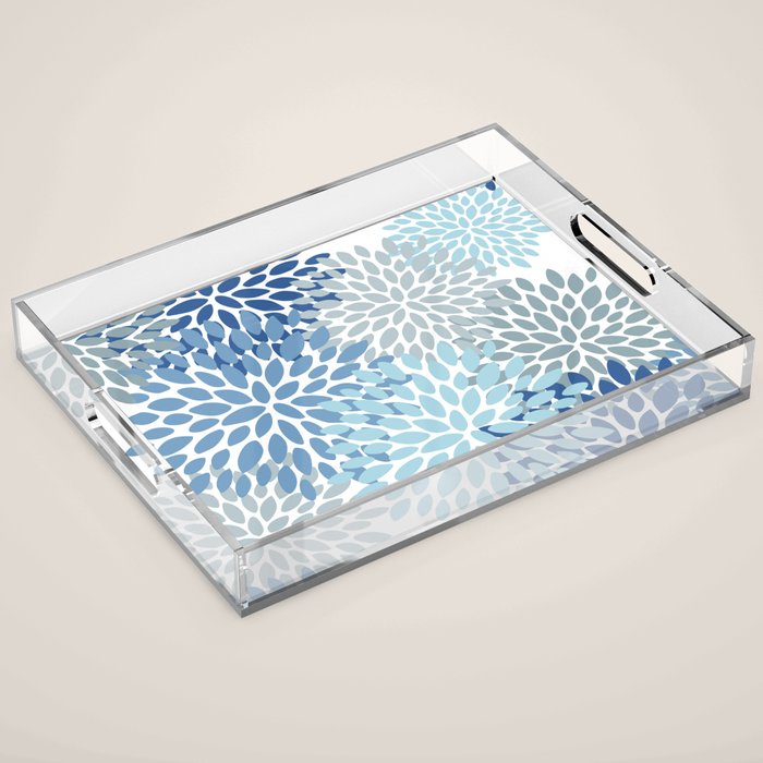 Festive, Floral Pattern, Blue and Gray, Floral Prints Acrylic Tray Gallery Image 1