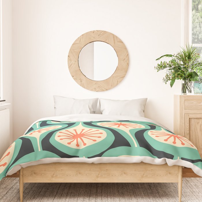 Mid Century Modern Atomic Drops Teal Orange Black Pattern Duvet Cover Gallery Image 3