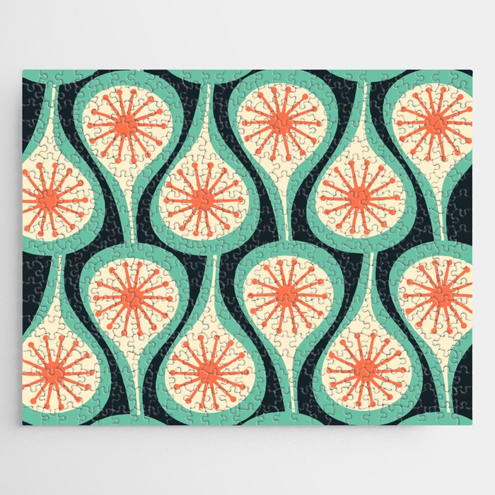Mid Century Modern Atomic Drops Teal Orange Black Pattern Jigsaw Puzzle Gallery Image 1