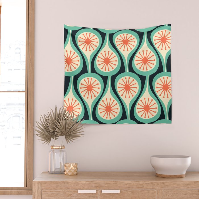 Mid Century Modern Atomic Drops Teal Orange Black Pattern Wall Tapestry Gallery Image 2