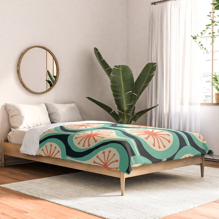 Mid Century Modern Atomic Drops Teal Orange Black Pattern Comforter Gallery Image 2