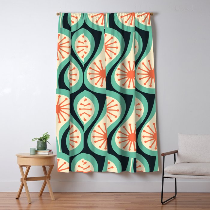 Mid Century Modern Atomic Drops Teal Orange Black Pattern Window Curtain Gallery Image 5